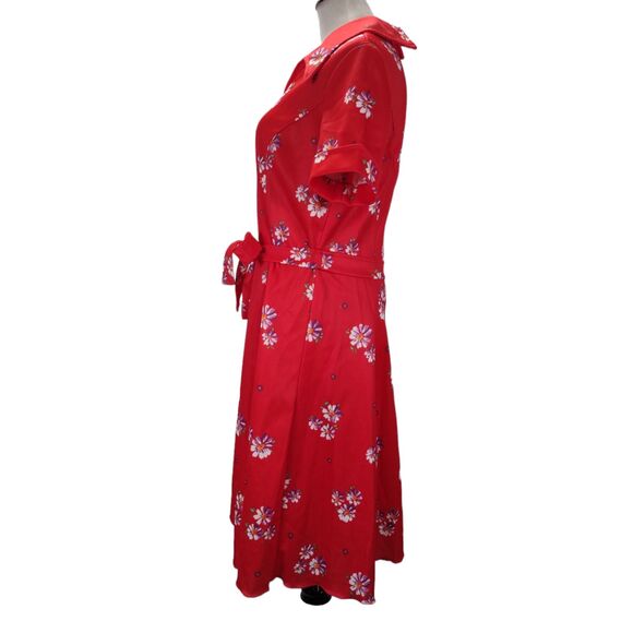 Vintage 70s Casual Midi Dress Size L Red Floral Print Dagger Collar Poly Knit - Picture 7 of 11